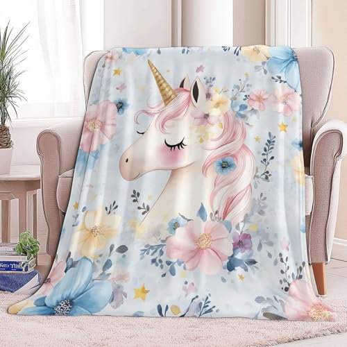 Kuscheldecken Sofaüberwurf Weiche Flauschige Decke Blumen Einhorn Aquarell-Stil Muster für Sofadecke, Tagesdecke - Gemütliche Flanelldecke, Warme Decken für Herbst Winter 130 x 150 cm