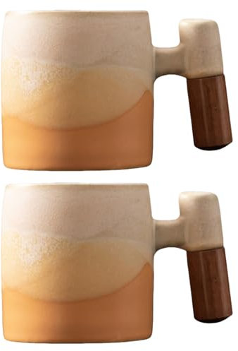 Dicmracy Tazas de café expreso de cerámica de 2 onzas con mango de madera, juego de 2/4 piezas para café, té, café con leche, aptas para lavavajillas, multicolor y estilos de madera, regalo y uso de