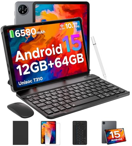 DOOGEE Tab A9 Newest Tablet 10'' Android 15 (2026), 12GB+64GB/ 2TB, Unisoc T310& 6580mAh Battery, 5G WiFi+GMS+Bluetooth 5.0+Face ID, 3.5mm Jack, Tablets with Keyboard, Pen, Mouse & Case- Gray
