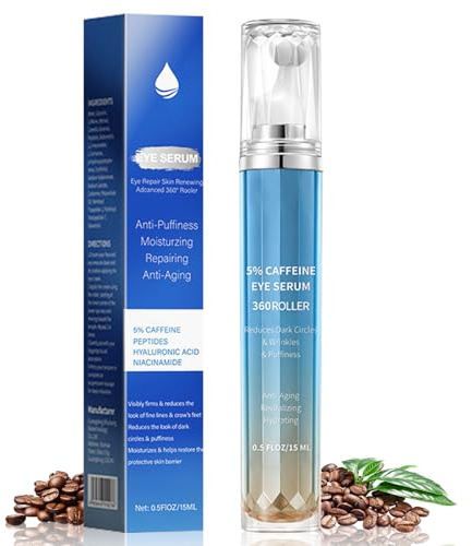 5% Caffeine Eye Cream for Dark Circles and Puffy Eyes, Anti-Aging Under Eye Serum with 360° Massage Rollerball, Eye Bags Remover for Women Reduces Wrinkles and Fine Lines