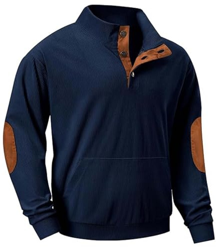 Henley Pullover Maglioni da Uomo a Maglia Grossa, in Velluto a Coste, Maglione Casual, Pullover Leggero, Maglietta a Maniche Lunghe, con Bottoni, Scollo a V, Felpe con Collo a Lupetto, Blu Scuro