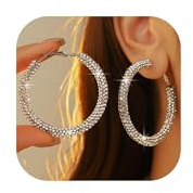 Silver Rhinestone Hoop Earrings for Women Trendy Sparkly Large/Big Hoop Earrings for Women Fashion Glitter Hoops Earing Wedding Prom Formal Accessories Jewelry Gifts
