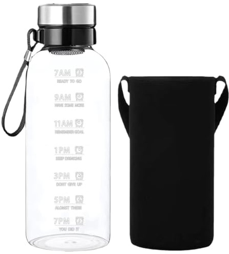 Xweptuy Bouteille d'eau avec marqueur de temps, 2 L, étanche, en verre transparent, avec cordon, manchon et filtre amovible, passe au lave-vaisselle pour la maison, le bureau, le sport