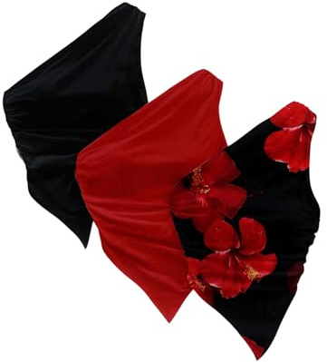 OYOANGLE Women's 3 Pack Tank Top Sleeveless One Shoulder Tops Floral Print Ruched Fitted Shirt Black and Red Large