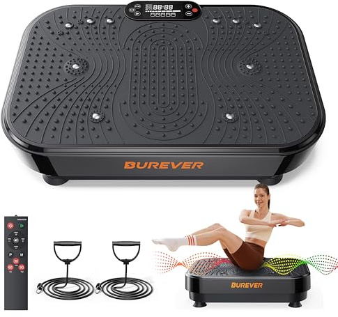 Burever Plataforma Vibratoria, 150W Plataforma vibración Muscular con Masaje silencioso de pies, 99 Niveles de Intensidad y 5 programas, con 2 Bandas de Resistencia y Mando a Distancia, Pantalla LCD
