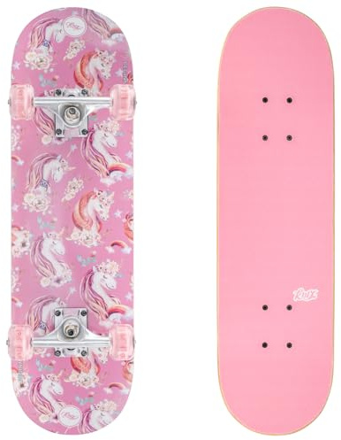 KMX Skateboard - Monopatín 27.5 Pulgadas, Tabla Cóncava Doble 7 Capas Arce | Ejes Aleación Aluminio | para Principiantes, Niños, Niñas, Jóvenes con Ruedas Luminosas LED de Colores(Rosa)