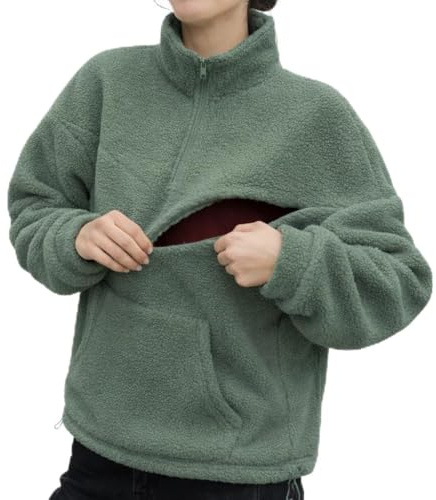 Maison Mama Nursing & Breastfeeding Tops Fleece Jumper - Stylish Maternity & Postpartum Clothing - Cozy Sherpa Fleece Nursing Top with Discreet Zips for Comportable Feeding & Pumping