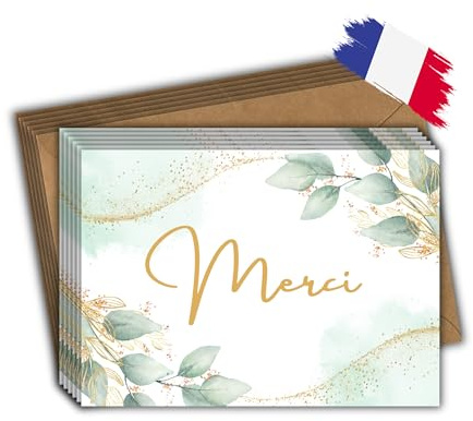 EVTI Lot 10 Cartes merci avec enveloppes craft, Cartes de Remerciements pour Mariage, Baptême, Communion, Anniversaire, Fête, Retraite, Naissance, Design Vert