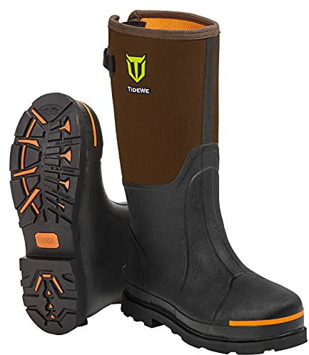 TIDEWE Rubber Work Boot for Men with Steel Toe & Shank, Waterproof Anti Slip Hunting Boot, 6mm Neoprene Hunting Boot for Manufacturing, Construction, Farming, Brown, Size 10