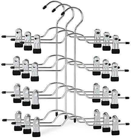 TOPIA HANGER 4 Tier Metal Skirt Hangers for Women, Pants Hanger Space Saving with Adjustable Clips, Gain 70% More Space, Non Slip Grip for Slacks, Trousers, Shorts, Jeans, Towels, Black, 3-Pack, CT24B