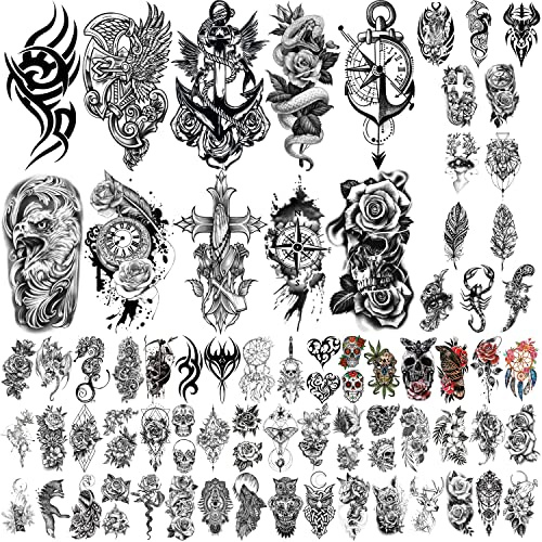 Yazhiji 70 Hojas de Tatuajes Temporales Impermeables Para Niñas o Niños, 10 hojas más grandes de medio brazo, rosas, tatuajes falsos para hombres o mujeres y 60 hojas de tatuajes pequeños