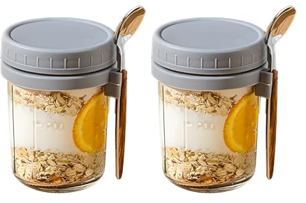 Shudyear Overnight Oats Container 2-Pack, Overnight Oats Jars with Lid and Spoon, 10 oz Airtight Breakfast Jars with Measurement Marks, Overnight oats jars for Cereal Milk Yogurt Storage (Grey)