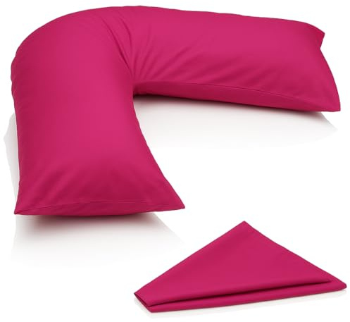 ARLINENS V Shaped Orthopaedic Pillow with Pillowcase, Hollow Fibre Filled Neck, Head & Back Support Cushion, Pregnancy & Nursing Pillow, Polycotton Cover, 74 x 34cm (Fuschia)