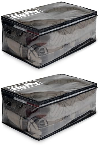 Hefty Storage Bags Extra Large Double Zipper Backpack, Heavy Duty Water Resistant Moving Totes with Shoulder Straps, Foldable Reusable Packing Organizers, 2 Pack (X-Large Black)