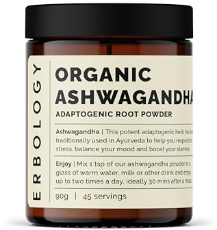 Erbology Organic Ashwagandha Powder 3.2 oz - 45 Servings - Sleep Aid - Rich in Withanolides - Sustainably Sourced Straight from Farm in India - Small Batch - Vegan - GMO-Free