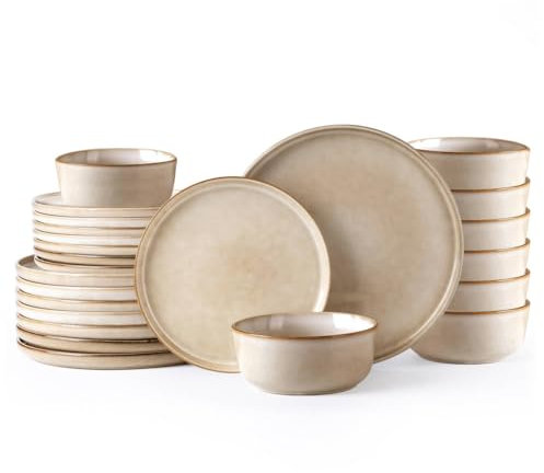 AmorArc Stoneware Dinnerware Sets,Round Reactive Glaze Ceramic Plates and Bowls Sets,Highly Scratch Resistant | Microwave & Dishwasher Safe,Cappuccino,Service for 8 Dishes Set