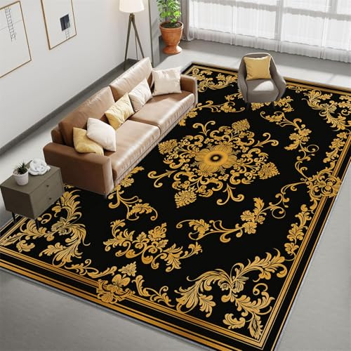 Teppich Wohnzimmer 180x240 cm Waschbarer Teppich, Barock-Stil-Muster Teppich Schlafzimmer, Schwarz Und Gold Teppich, Teppich Kurzflor für Wohnzimmer Schlafzimmer kinderzimmer