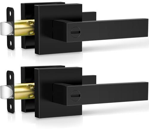 Plustool 2 Pack Matte Black Door Handles Interior, Keyless Interior Door Knobs, Privacy Door Locks for Bedroom Bathroom, Heavy Duty Square Door Lever Locksets, Reversible for Left&Right Handled Doors