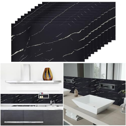 Warmiehomy Self Adhesive Marble Tiles 60x30cm 10Pcs Thicken Wall Tiles Waterproof,Peel and Stick on Vinyl Tiles for Living Room Bedroom Bathroom Kitchen Splashback,Black and White Root