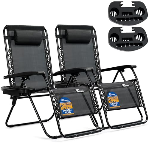 SUNMER XXL Sun Lounger Extra Wide Garden Chairs - Extra Wide Set of 2 Zero Gravity Chairs with Cup & Phone Holder, Adjustable Headrest & Pillow - Folding Deck Recliner Outdoor Seating - Black
