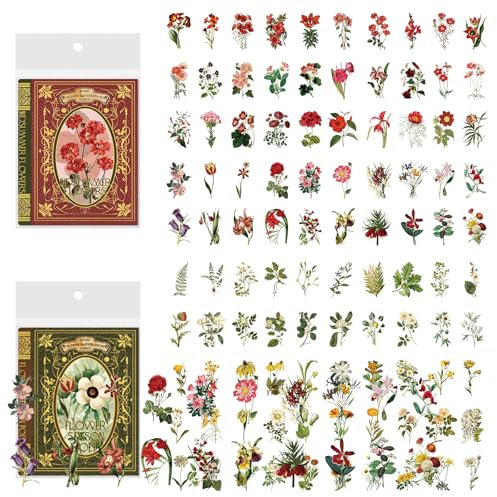 200 Stück Vintage Scrapbook Sticker, Retro Pflanzen Blumen Dekorative Aufkleber Washi Aufkleber Scrapbook Zubehör Deko Aesthetic Sticker für Scrapbook Album DIY-Handwerk Zeichnung (Style-A)