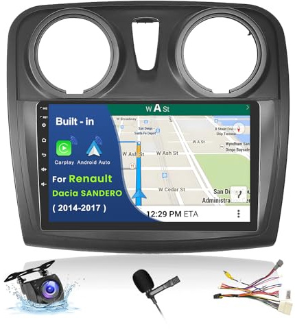 Inefala 2G+64G Autoradio pour Renault Dacia Sandero 2014-2017 avec Wireless Carplay Android Auto, 9 Pouces écran Tactile Poste Radio Bluetooth avec GPS WiFi RDS/FM SWC Caméra de Recul & Mic