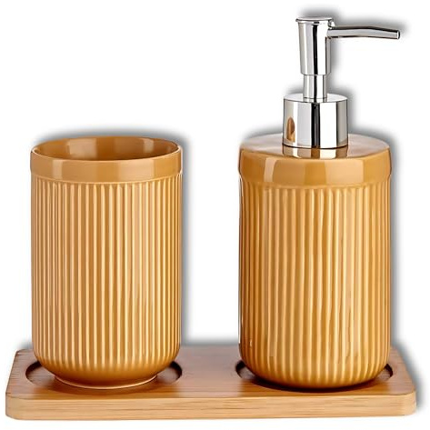 damaloo Lot de 3 accessoires de salle de bain en céramique - Distributeur de savon beige et gobelet à brosse à dents - Accessoires de salle de bain avec plateau en bambou - Accessoires de salle de