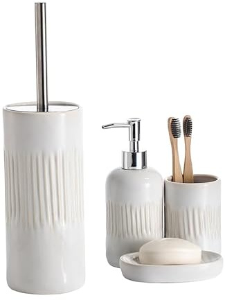 BM Set Accessori Bagno Ceramica 4 Pezzi - Dispenser, Porta Spazzolini, Portasapone, Portascopino WC - Moderno Set da Bagno Elegante per Casa, Hotel, B&B