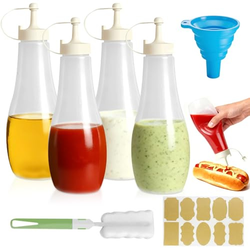 Mssushi 4 Botellas de Salsa de 720 ml/25 oz con Tapa,Squeeze Bottle,Botella Exprimible a Prueba de Fugas y Reutilizable,Adecuada Para Aceite,Ketchup,Mayonesa,Jarabe y Condimentos.
