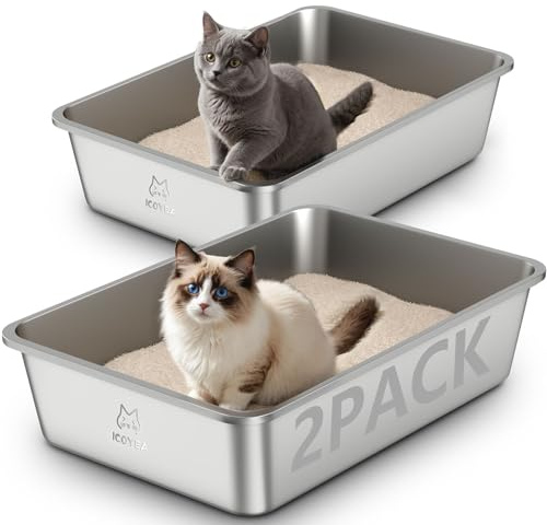 Lot de 2 Bacs Bac Litiere pour Chat en Inox, à Litière pour Grands Chats, Chatons et Lapin, Caisse Chat Litiere XXL, Litiere Toilette pour Maine Coon, Anti-Adhérent, Anti-Odeurs (Lot de 2, 60*40*15cm)