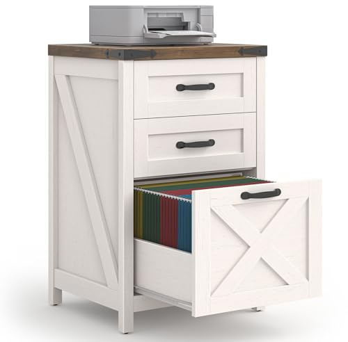 Halitaa 3 Drawer Small File Cabinet, Farmhouse Vertical Filing Cabinet Fits Letter and A4 Size, Under Desk Wooden File Cabinets for Home Office, Printer Stand, Rustic White