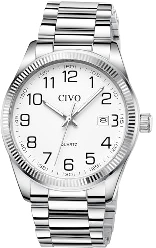 CIVO Reloj Hombre Fácil de Leer: Acero Inoxidable Plateado Analógico Esfera Grande Blanco Impermeable - Regalo para Personas Mayores con Discapacidad Visual