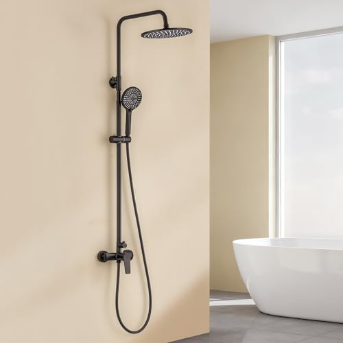 Auralum Columna de Ducha con Grifo Negra, Rociador Redondo Ø250 mm, Teleducha 3 Modos, Barra de Ducha Acero Inoxidable Ajustable, Compatible con Instalación Existente, Alta Presión, Diseño moderno