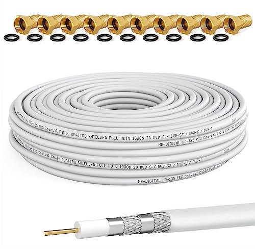 HB-DIGITAL 20m SAT Koaxial Kabel 135dB 8K 4K UHD 4-Fach geschirmt für DVB-S / S2 DVB-C / C2 DVB-T / T2 DAB+ Radio + inkl. 10x vergoldete F-Stecker BK Anlagen - Stahl/Kupfer Innenleiter - Weiss