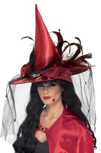 Smiffys Hut Hexe, Dunkelrot, mit Netz und Federn, Deluxe Halloween