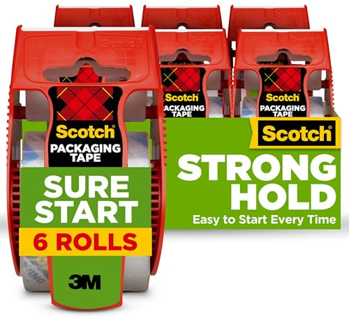 Scotch Sure Start Packing Tape, Clear, Quiet Unwind and Easy Start, 1.88 in. x 22.2 yd., 6 Tape Rolls with Dispensers