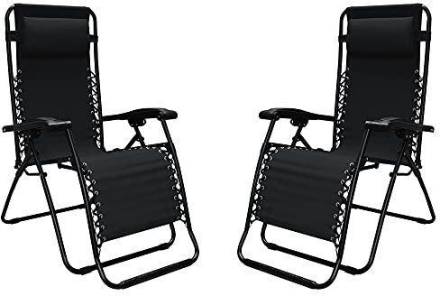 Caravan Sports Zero Gravity Outdoor Portable Folding Camping Lawn Deck Patio Lounge Chair with Adjustable Headrest, Black (Pair)