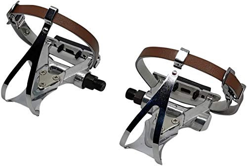 Rennrad Fahrrad Pedale mit Käfig und Schlaufen Kunstleder Riemen Pedalhaken Aluminium 9/16 Zoll Gewinde