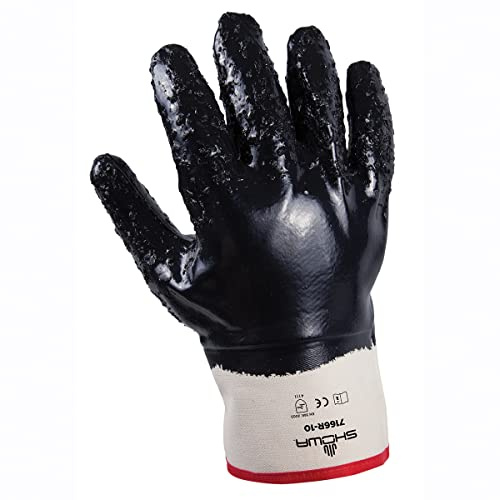 SHOWA 7166R Fully Coated Nitrile General Purpose Work Glove with Cotton Jersey Liner, Chemical & Oil Safety Protective Gear, Waterproof Gloves with Rough Grip, Large, 12-Pack