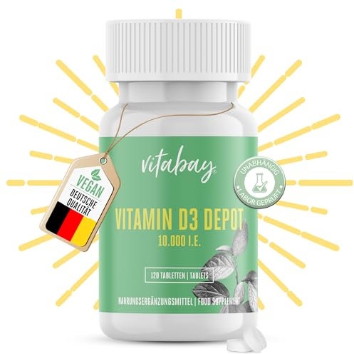 Vitabay - Vitamin D3 10000 I.E. - 120 Vegane Vit D 10000 Tabletten - Vitamin D Hochdosiert - Laborgeprüft