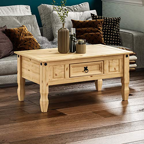 Vida Designs Coffee Table with Drawer, Rectangular, Waxed Solid Pine Wood, Traditional, Rustic, 56 x 94 x 45