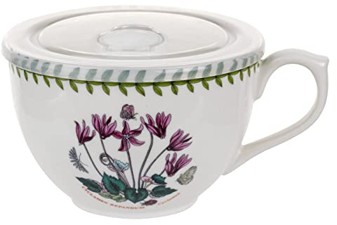 Portmeirion Botanic Garden 20oz Jumbo Cup with Lid, Cyclamen Motif - Fine Porcelain Mug with Chip Resistant Glaze, Dishwasher & Microwave Safe - Floral Print Mug Ideal for Coffee, Tea, Soup