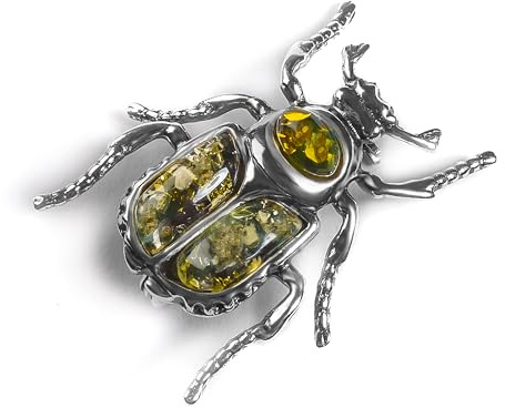 Beetle Insect Women's Brooch Pin Silver Amber, Women jewelry beetle brooch, Beetle jewellery, Green amber brooch, Statement brooch, Costume fashion jewelry, Gift for nature lover