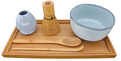 BambooMN Brand - Matcha Bowl Set (Includes Bowl, Rest,Tea Whisk, Chasaku, Tea Spoon & Tray) 1 Set Shimmering Blue