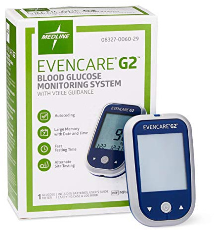 Medline EvenCare G2 Blood Glucose Monitoring Meter, Self-Testing Diabetic Care, 6 Sec Results, Batteries, Guide, Carrying Case, Logbook, Voice Assistance