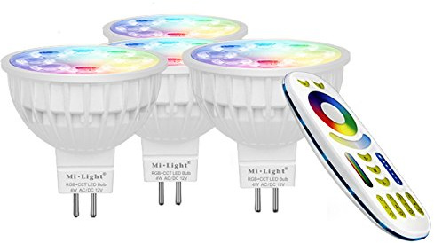 LIGHTEU®, 4x 4W 12V GU5.3 MR16 RGB + CCT Faretto a LED Faretto colore e temperatura CCT WW CW Regolabile, originale Mi-light, lampadina con un telecomando a 4 zone (4x FUT104 + FUT092)