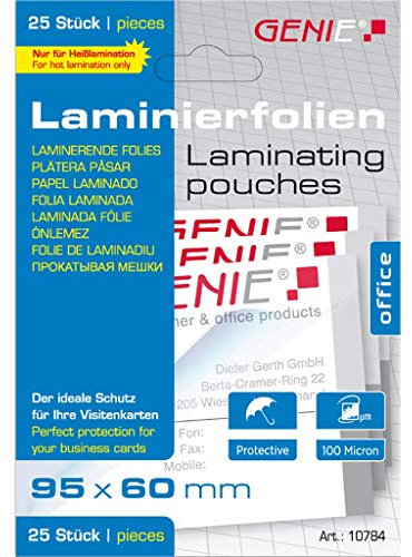 Genie 10784 Laminierfolien (Glasklar; 100 Mikron für bis zu Visitenkarten-Formate; geeignet für alle HeiÃŸlaminiergeräte; 95 x 60 mm) 25er Pack