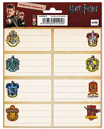 Grupo Erik - Pack de 16 Étiquettes Autocollantes Harry Potter Maisons de Poudlard | 8 x 4 cm | Scolaires, de Noël, pour Cahiers et Pochettes