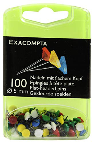 Exacompta - Réf. 14572E - Boîte de 100 épingles de signalisation à tête plate unie - Hauteur de la pointe 8 mm - Diamètre 5 mm - Adaptés pour les plans ou cartes, itinéraires - 6 couleurs assorties