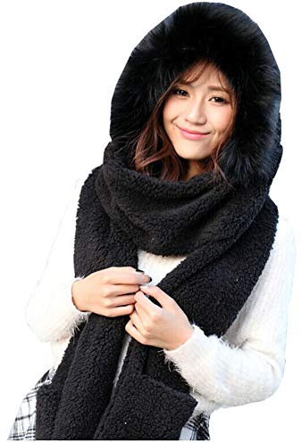 Winter Warm Women Hoodie Hat/Scarf/Gloves Set Soft Plush Thick Warm Hat